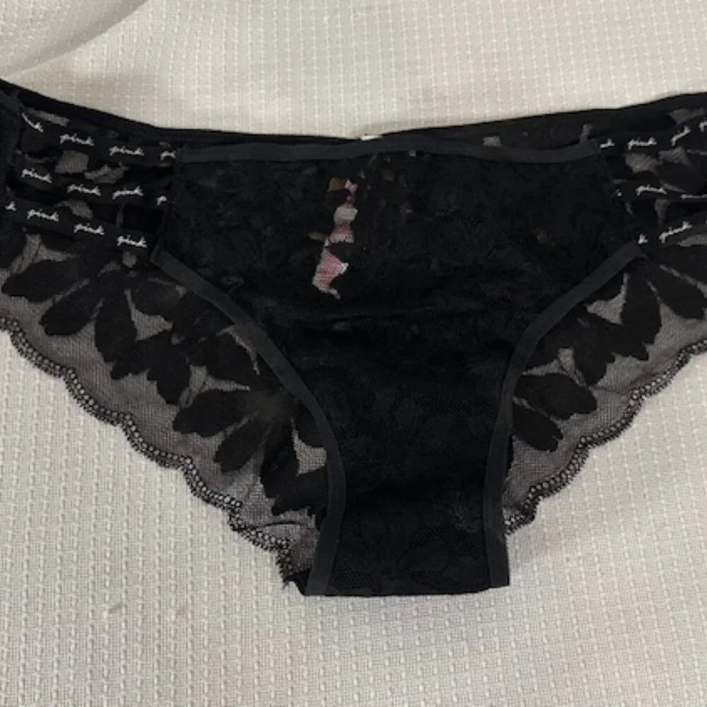 Victoria's Secret "Pink" Strappy Black Lace Floral Cheekster Panty  8350 - Picture 2 of 8